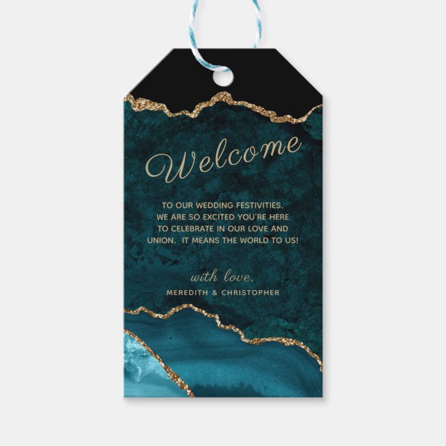 Teal Agate Guld Glitter Bröllop Välkommen Presentetikett (Framsidan)
