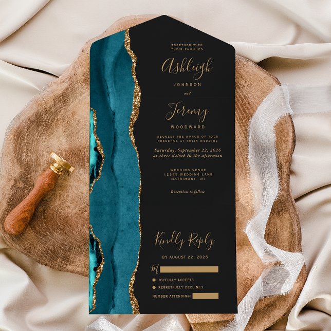 Teal Agate Guld Glitter Mörkt Bröllop (Skapare uppladdad)
