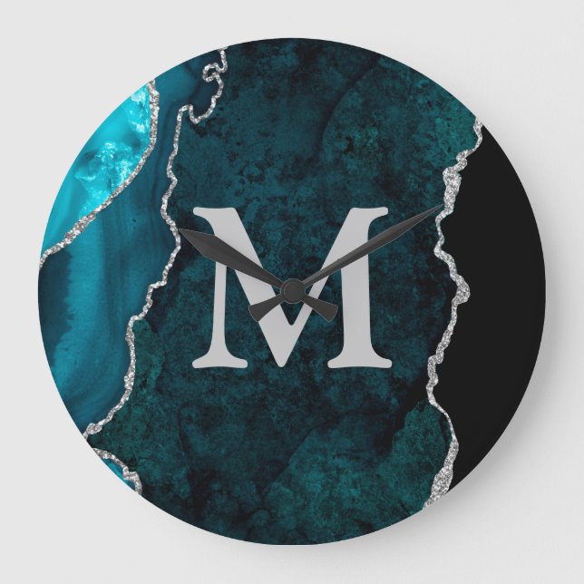 Teal Agate Personlig Monogram akryl Stor Klocka (Framsida)