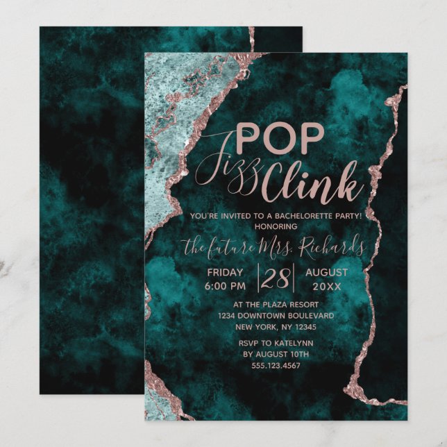 Teal Agate Pop Fizz Clink Bachelorette Party Inbjudningar (Fram/baksida)