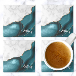 Teal Agate Signatur Vit Marmor Guld Stenunderlägg