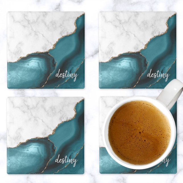 Teal Agate Signatur Vit Marmor Guld Stenunderlägg (Skapare uppladdad)