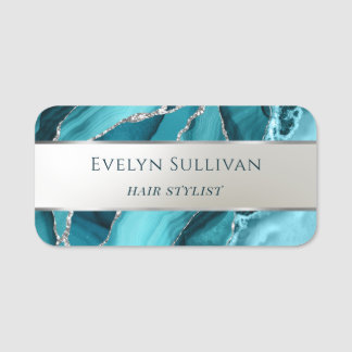 Teal Agate Silver Foil Namn bricka Namnbricka