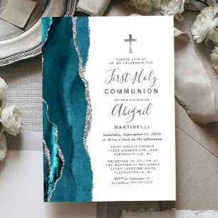 Teal Agate Silver Glitter Första Heligan Communion Inbjudningar