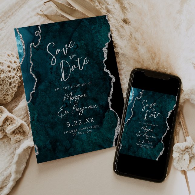 Teal Agate Silver Script Wedding Save the Date Inbjudningar (Skapare uppladdad)