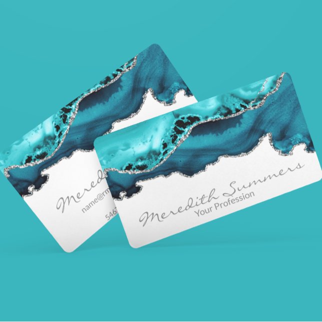 Teal Agate Stone Silver Metallic Anpassningsbar Visitkort (Skapare uppladdad)