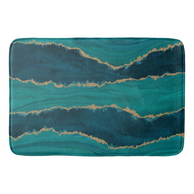Teal Agate-vågor – Abstrakt marmor med guld Badrumsmatta (Framsidan)