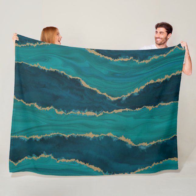 Teal Agate-vågor – Abstrakt marmor med guld Fleecefilt (På plats)