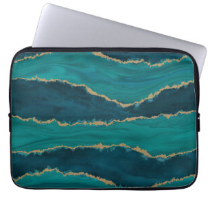 Teal Agate-vågor – Abstrakt marmor med guld Laptop Fodral