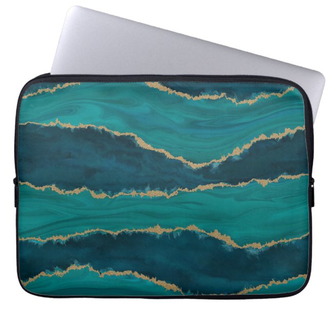Teal Agate-vågor – Abstrakt marmor med guld Laptop Fodral (Framsidan)