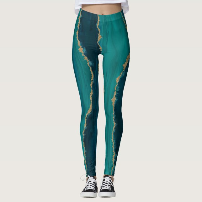Teal Agate-vågor – Abstrakt marmor med guld Leggings (Framsida)