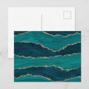 Teal Agate-vågor – Abstrakt marmor med guld Vykort