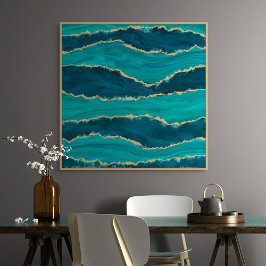 Teal Agate Waves – Abstract Marble with Gold Canvastryck