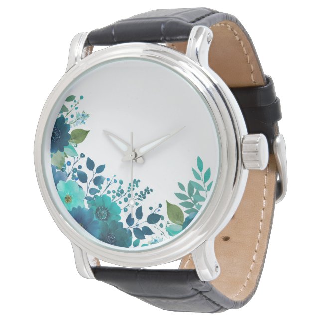 Teal akvarellblomma armbandsur - Botaniska blommor (Vinklad)