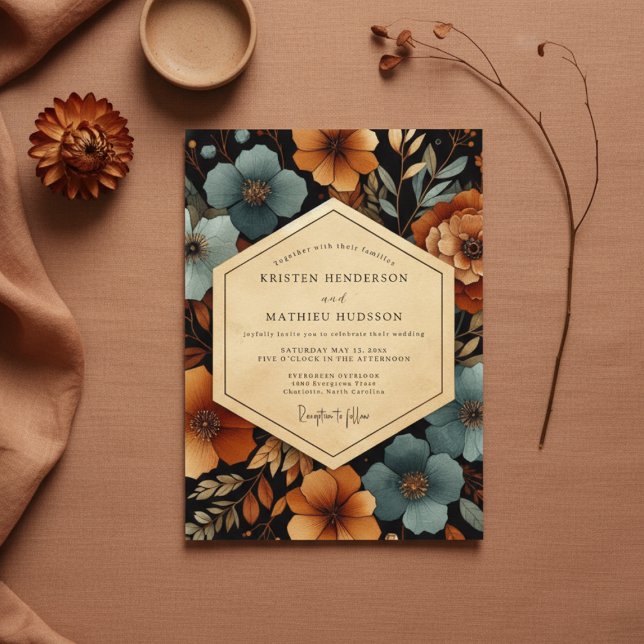 Teal Amber Floral Autumn Wedding Inbjudningar (Skapare uppladdad)