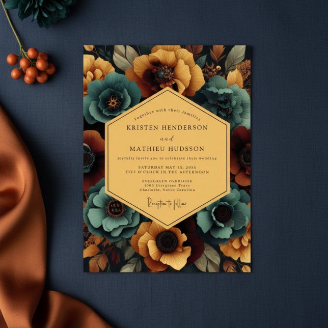 Teal Amber Floral Nocturne Wedding Inbjudningar (Skapare uppladdad)