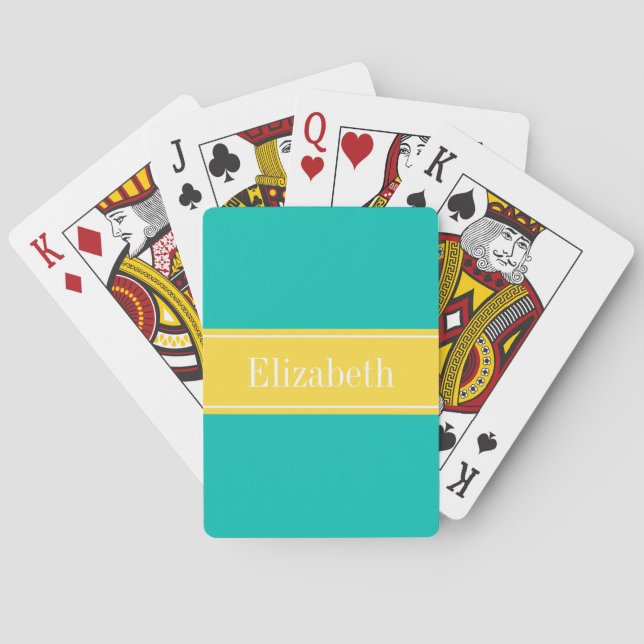 Teal, ananas ribbon Namn Monogram Kortlek (Baksidan)