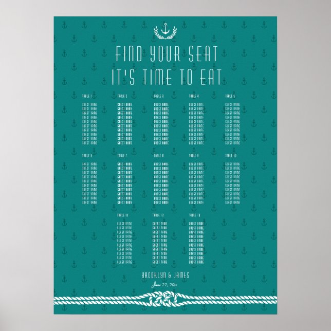 Teal Anchors Nautical Bröllop Seatdiagram Poster (Framsidan)