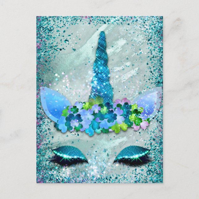 Teal and Aqua Sparkling Unicorn Postcard Vykort (Framsida)