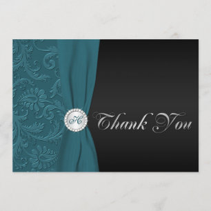 Teal and Black Damask Monogrammed tackkort Tack Kort