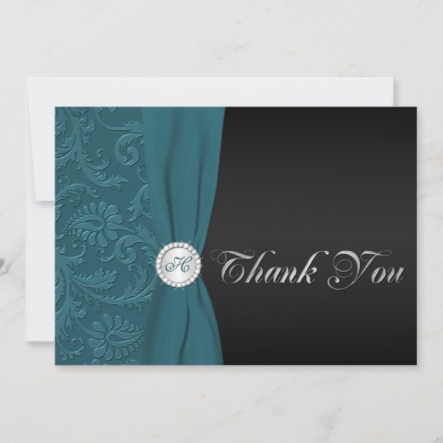 Teal and Black Damask Monogrammed tackkort Tack Kort (Framsida)