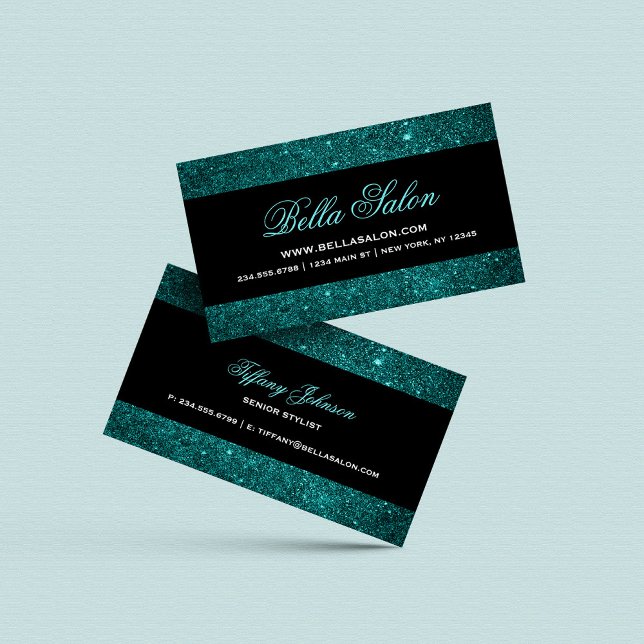 Teal and Black Glam Faux Glitter Visitkort (Skapare uppladdad)