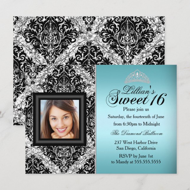 Teal and Black Glitter Damask Photo Sweet 16 Inbjudningar (Fram/baksida)