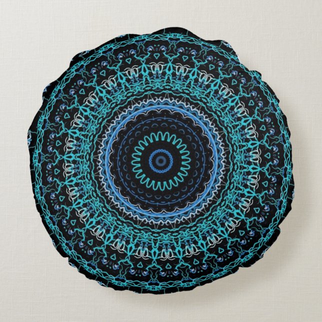 Teal and Black Mandala Rund Kudde (Baksidan)