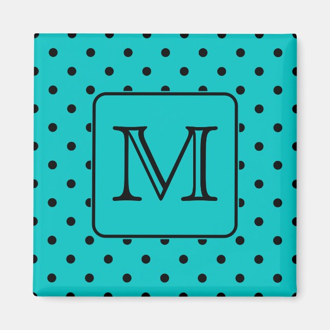Teal and Black Polka Dot Mönster. Anpassningsbar M Magnet (Framsidan)