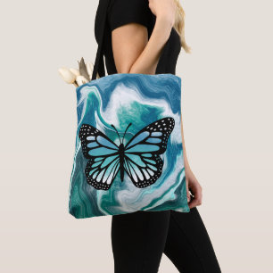 Teal and Blue Turcos Marble Butterfly Tote Bag Tygkasse