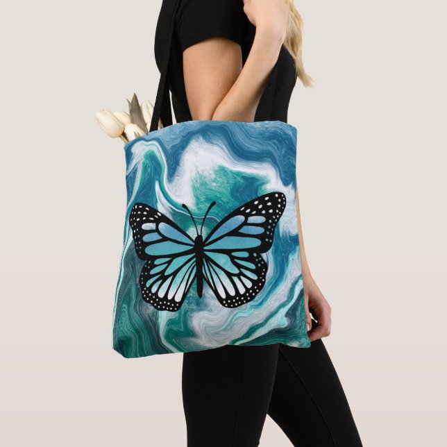 Teal and Blue Turcos Marble Butterfly Tote Bag Tygkasse (Närbild)