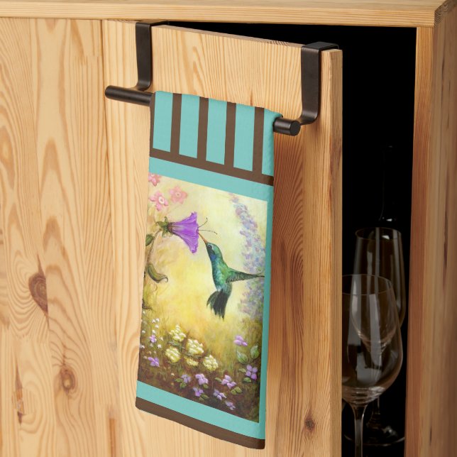 Teal and Brown Stripe Hummingbird Kitchen Towel Kökshandduk (Thirds Fold)