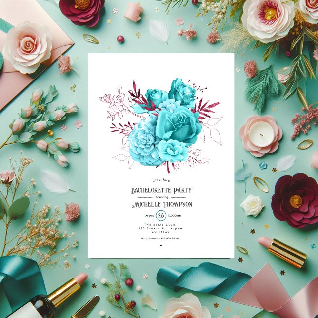 Teal and Burgundy Blommigt Bachelorette Party Inbjudningar (Teal and Burgundy Floral Bachelorette Party Invitation)