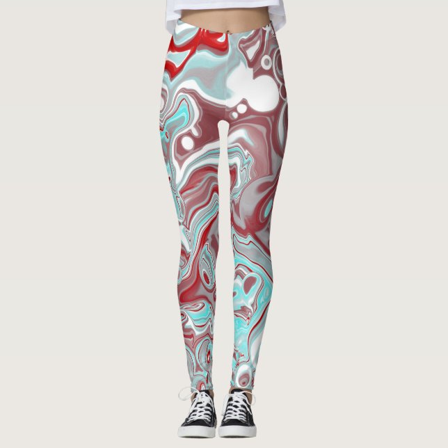 Teal and Burgundy Marble Digital Fluid Art Leggings (Framsida)