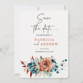 Teal and Burnt Orange Bröllop spara datum Inbjudningar