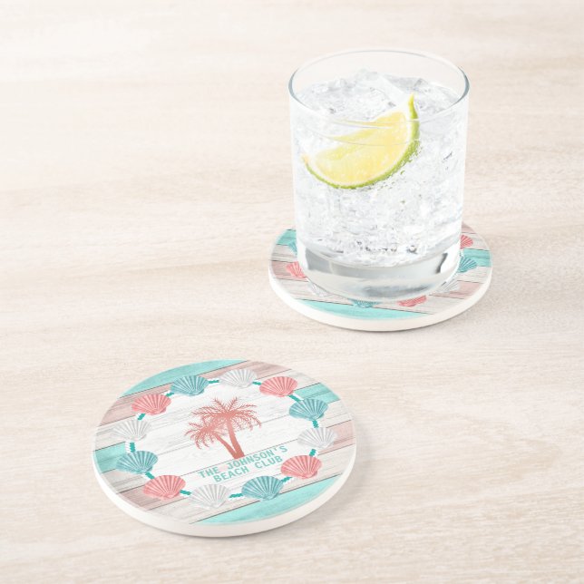 Teal and Coral Beach Wood Seashell Underlägg (Sidan)