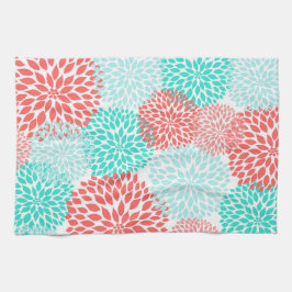 Teal and Coral Blommigt Kitchen Tea Towel Kökshandduk