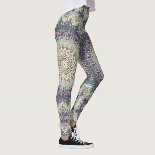 Teal and Cream Mandala Mönster Design Leggings (Höger)