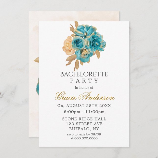 Teal and Creamy Guld Ro Bachelorette Party Inv. Inbjudningar (Fram/baksida)