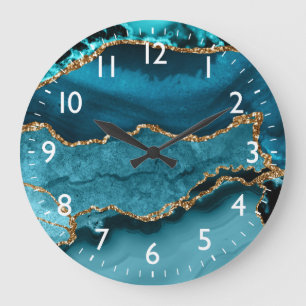 Teal and Faux Guld Glitter Marble Agate Stor Klocka