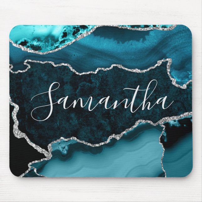 Teal and Faux Silver Glitter Marble Agate Musmatta (Framsidan)