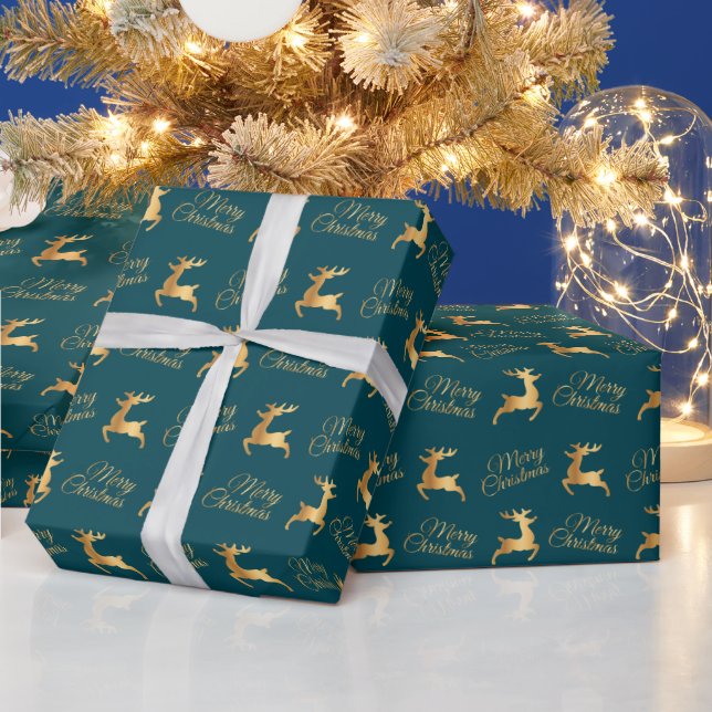 Teal and Gold Christmas Reindeers Presentpapper (Helgdagar)