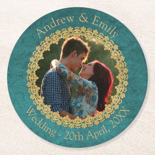 Teal and Gold Custom Photo Wedding Underlägg Papper Rund (Framsidan)