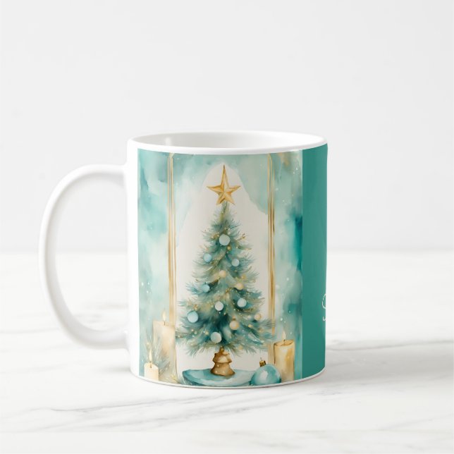 Teal and Gold Elegant Christmas Tree with Candles Kaffemugg (Vänster)
