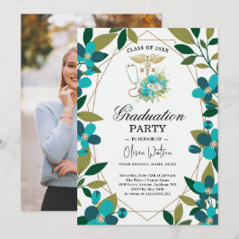 Teal and Gold Floral RN Graduation Invitation | Nu Inbjudningar