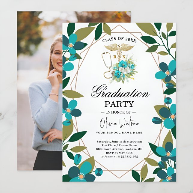 Teal and Gold Floral RN Graduation Invitation | Nu Inbjudningar (Skapare uppladdad)