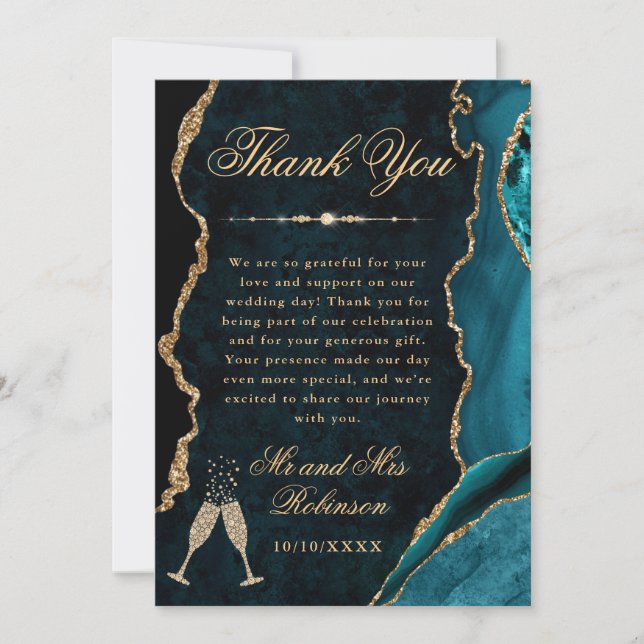 Teal and Gold Glitter Agate & Marble Wedding Tack Kort (Framsida)