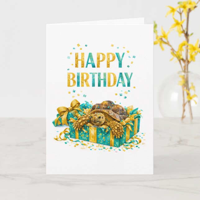 Teal and Gold Happy birthday Sulcata tortoise gift Kort (Gul blomma)