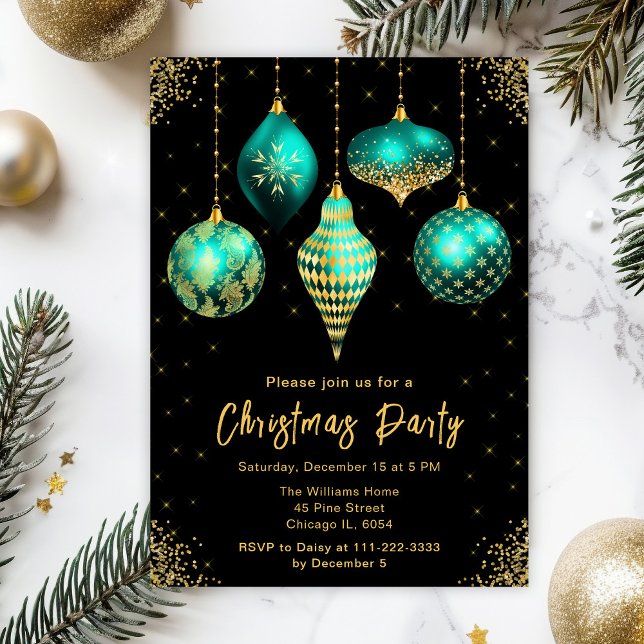 Teal and Gold Ornaments Christmas Party Inbjudningar (Skapare uppladdad)