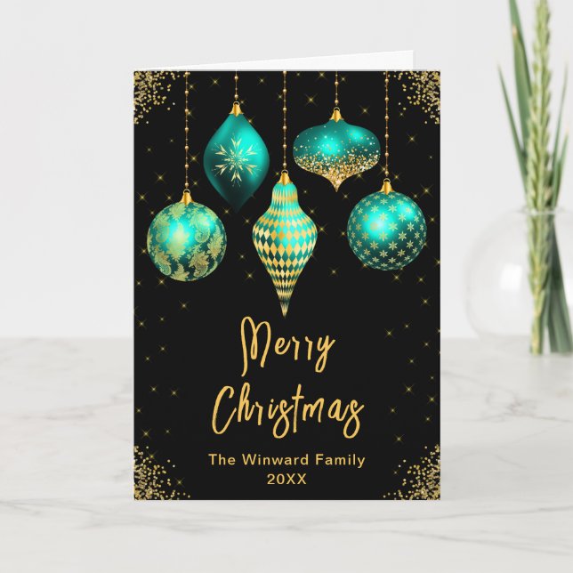 Teal and Gold Ornaments Merry Christmas Helgkort (Framsida)